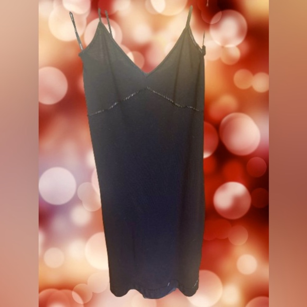 LAUNDRY by SHELLI SEGAL black wool knit dress with black bugle accent beads Sz S